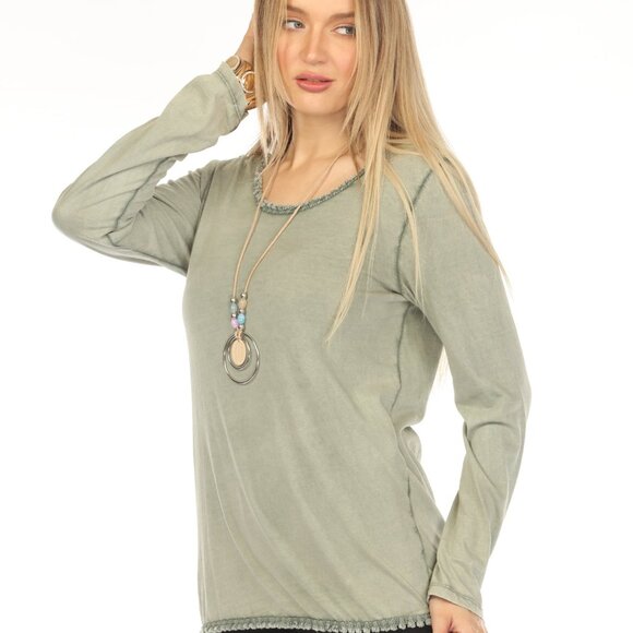 Olive 100% Cotton Fringe Neck Top - Picture 4 of 5